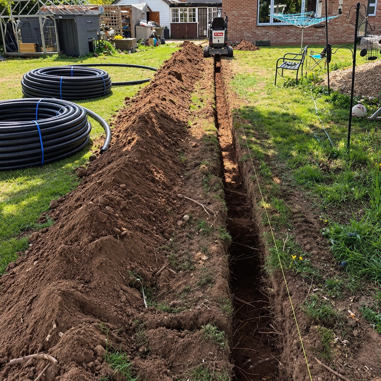 Service trench excavation with underground utility pipe